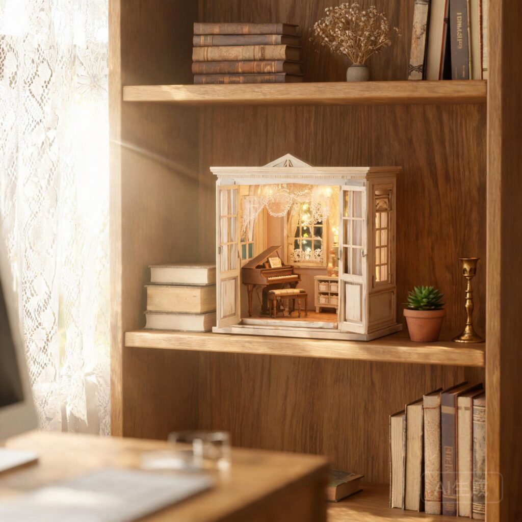 European Melody Room Miniature House Kit shown in an AI-generated lifestyle scene