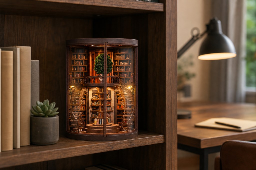 Enchanted Library DIY Book Nook Kit shown in an AI-generated lifestyle scene