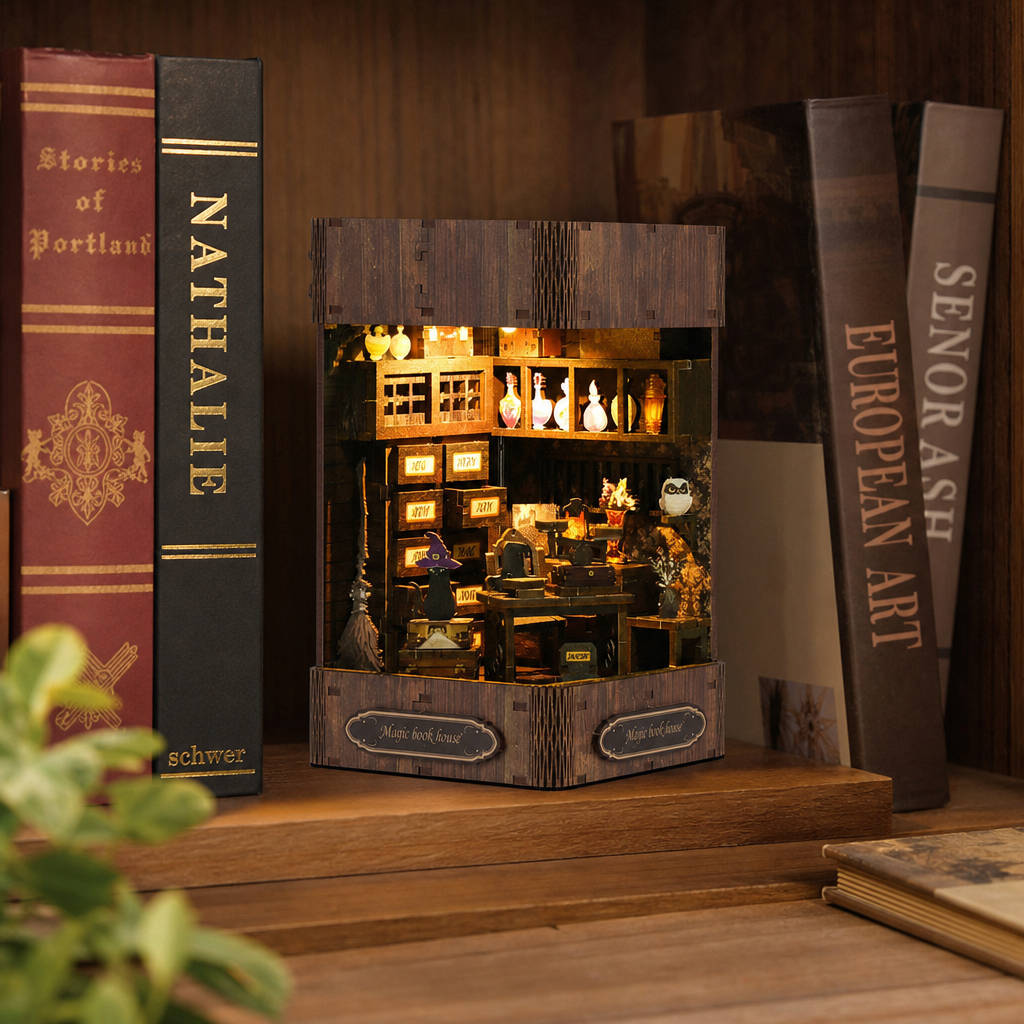 Magic Book House DIY Book Nook Kit shown in an AI-generated lifestyle scene