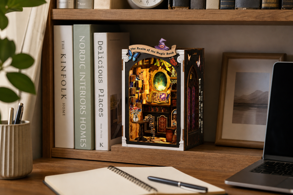 Magic Book Mirror DIY Book Nook Kit shown in an AI-generated lifestyle scene