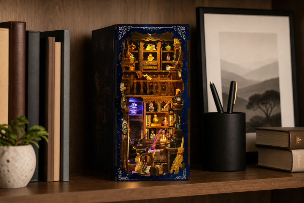 Mystic Potion Shop DIY Book Nook Kit shown in an AI-generated lifestyle scene