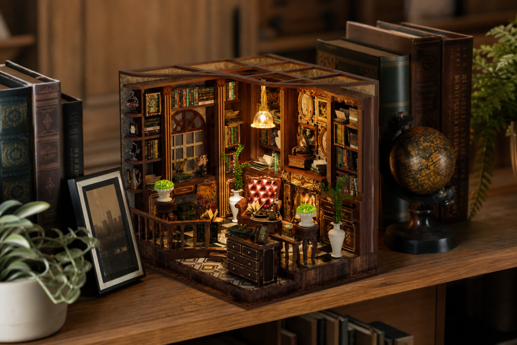 Vintage Study Room DIY Book Nook Kit shown in an AI-generated lifestyle scene