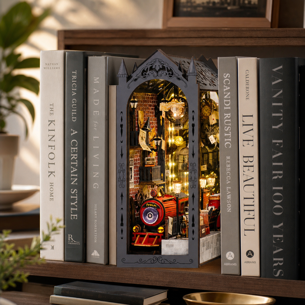 Vintage Railway Station DIY Book Nook Kit shown in an AI-generated lifestyle scene