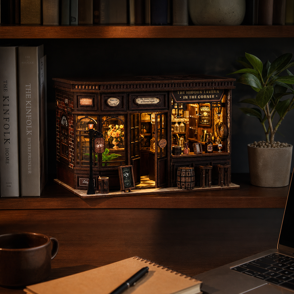 Vintage Tavern Bar Miniature House Kit shown in an AI-generated lifestyle scene